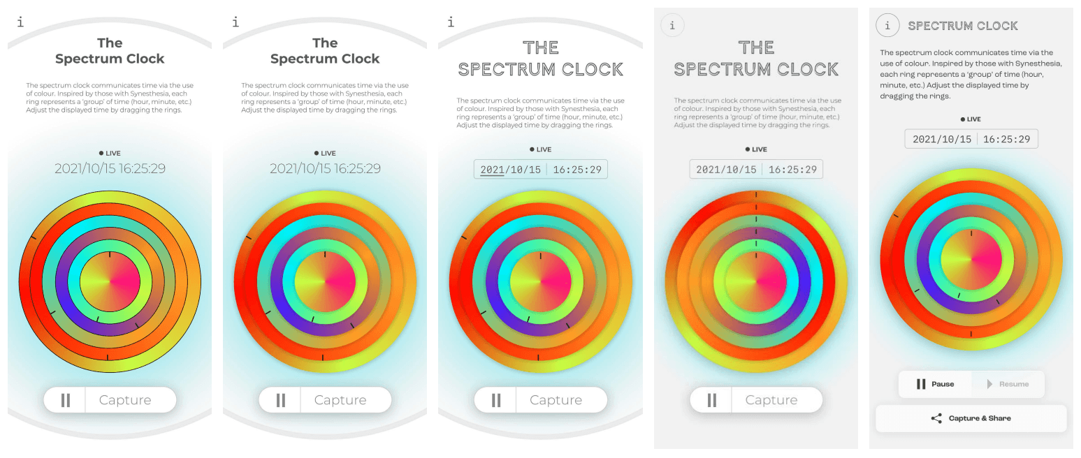 Multiple screenshots of a clock user interface being developed