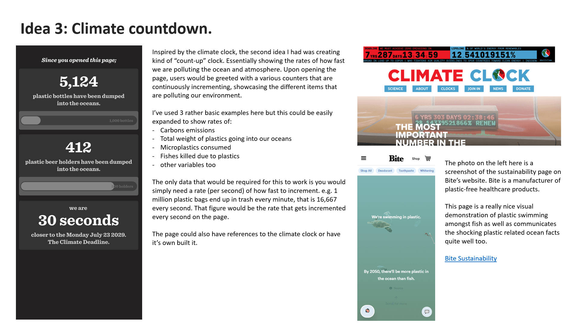 A slide showcasing an app which showed human's impact on the climate by counting up by the second, our effects that we have on the climate