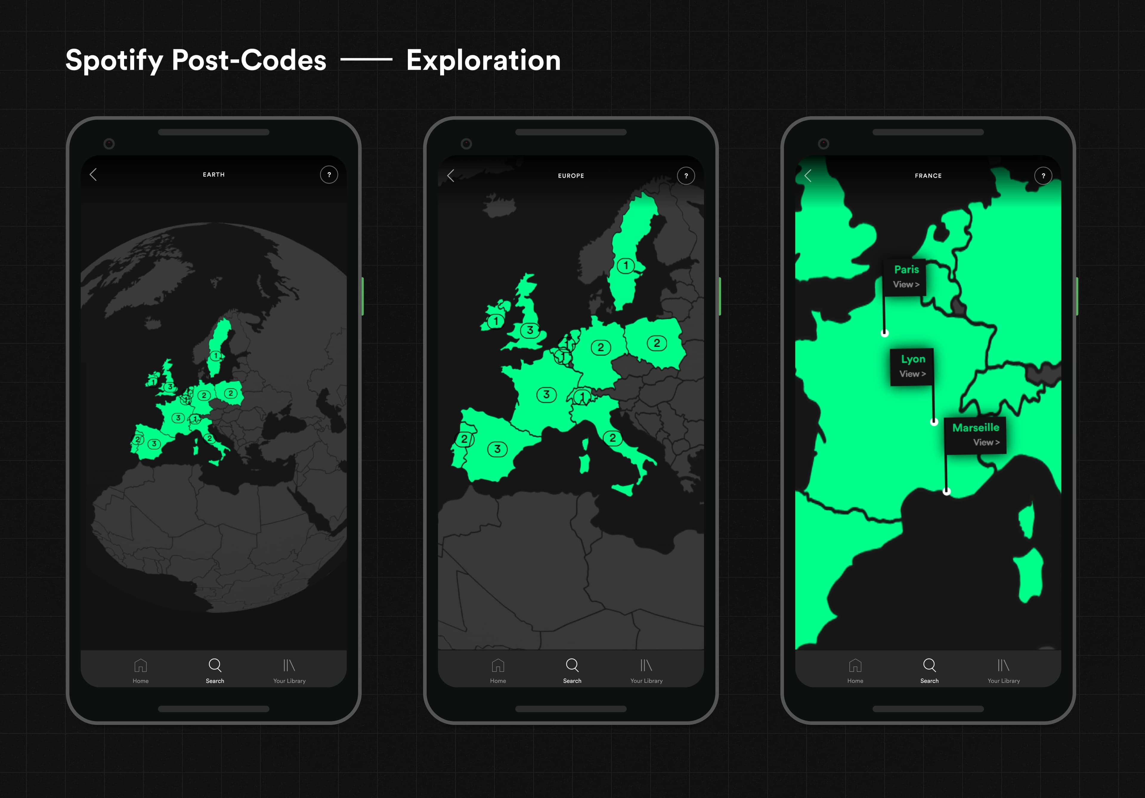 3 mobile devices with the Spotify app open, showing the exploration phase of the conceptual 'Post Codes' feature