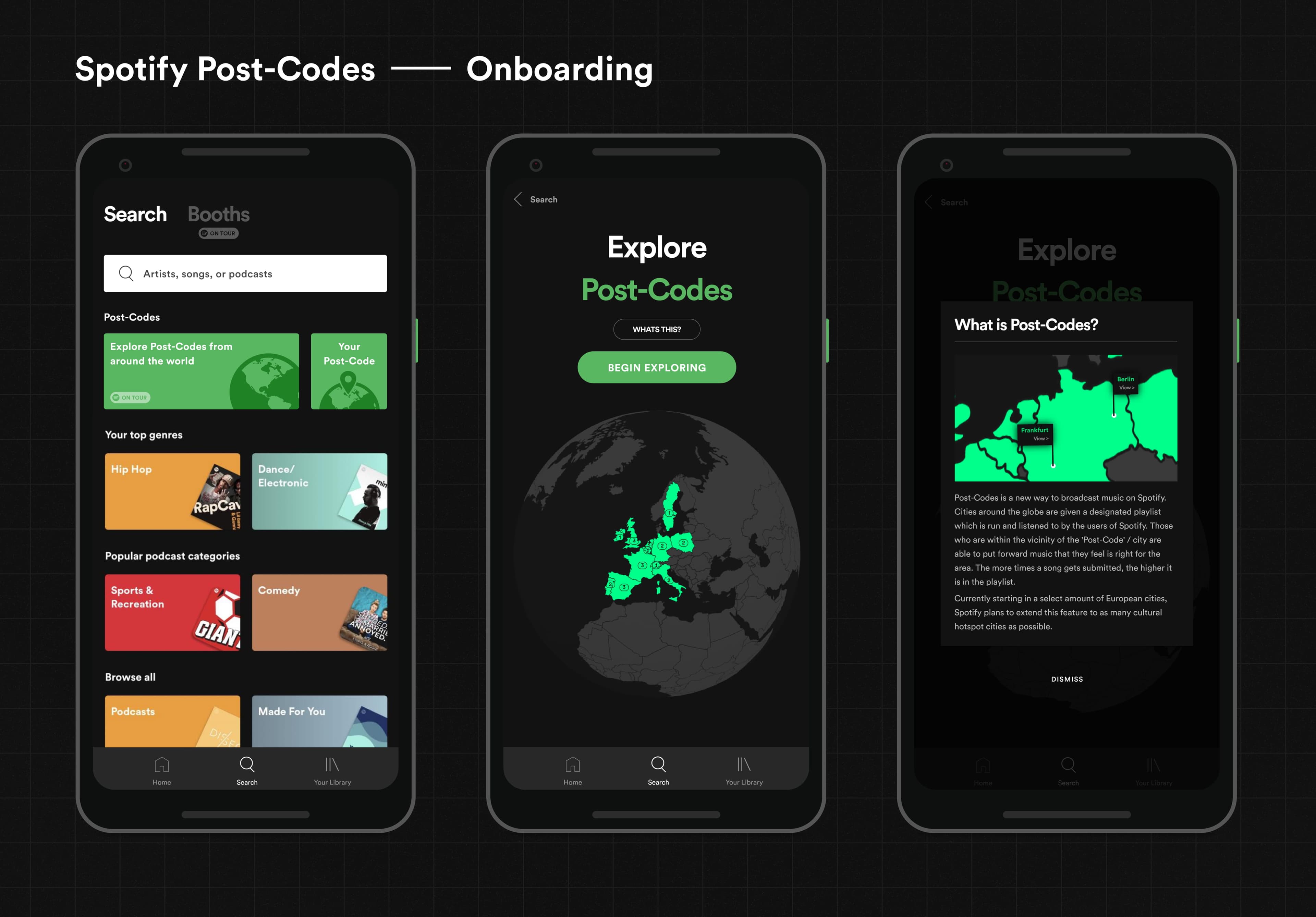 3 mobile devices with the Spotify app open, showing the onboarding phase of the conceptual 'Post Codes' feature