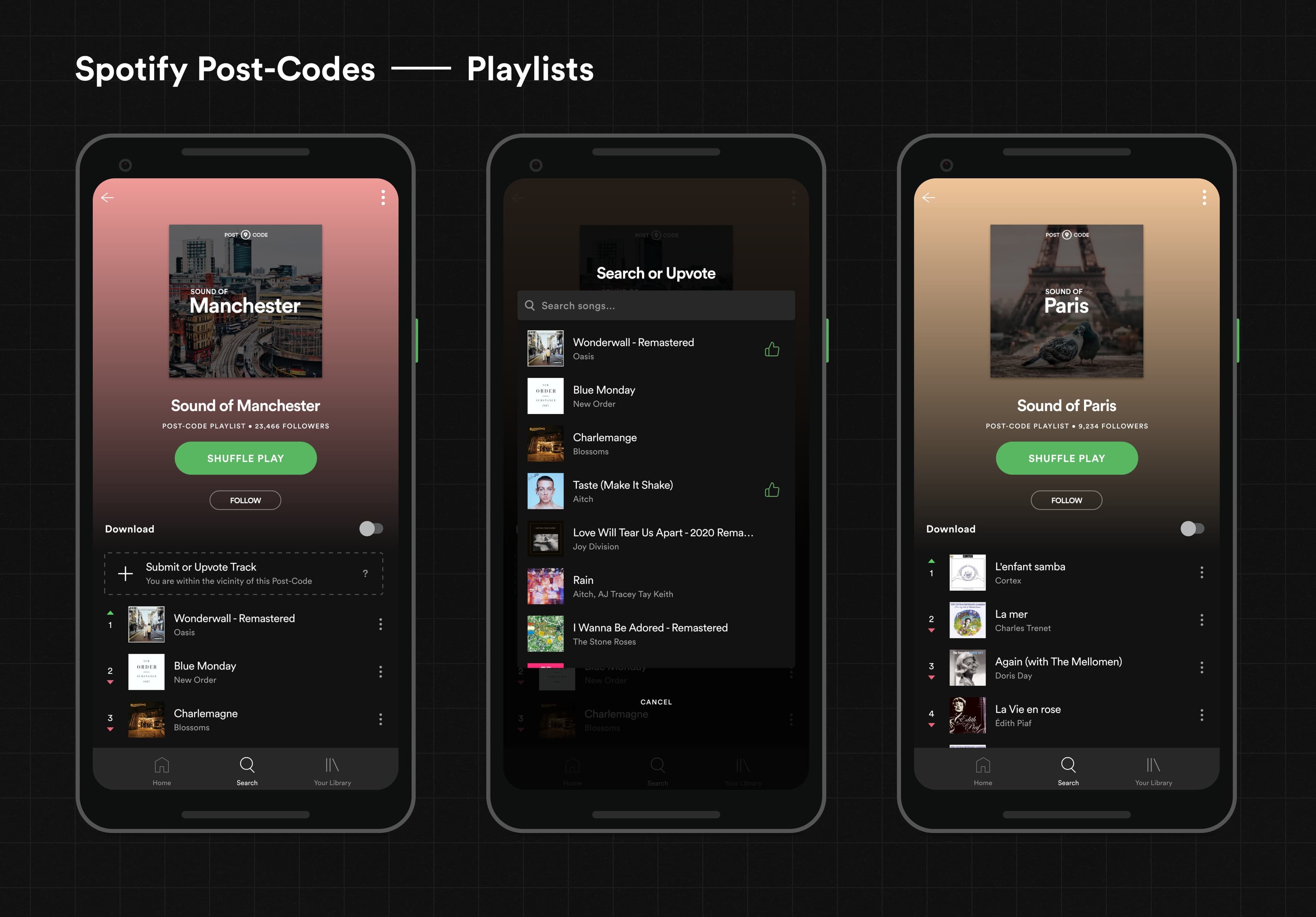 3 mobile devices with the Spotify app open, showing the playlists phase of the conceptual 'Post Codes' feature